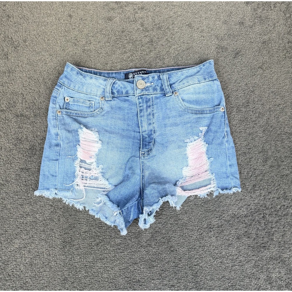 Boom Boom Jeans Womens Size 7 Distressed Pink Thread Denim Shorts High Rise Blue